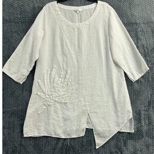 Kleen White 100% Linen Top XL Lagenlook Flowy Beachy Embroidered